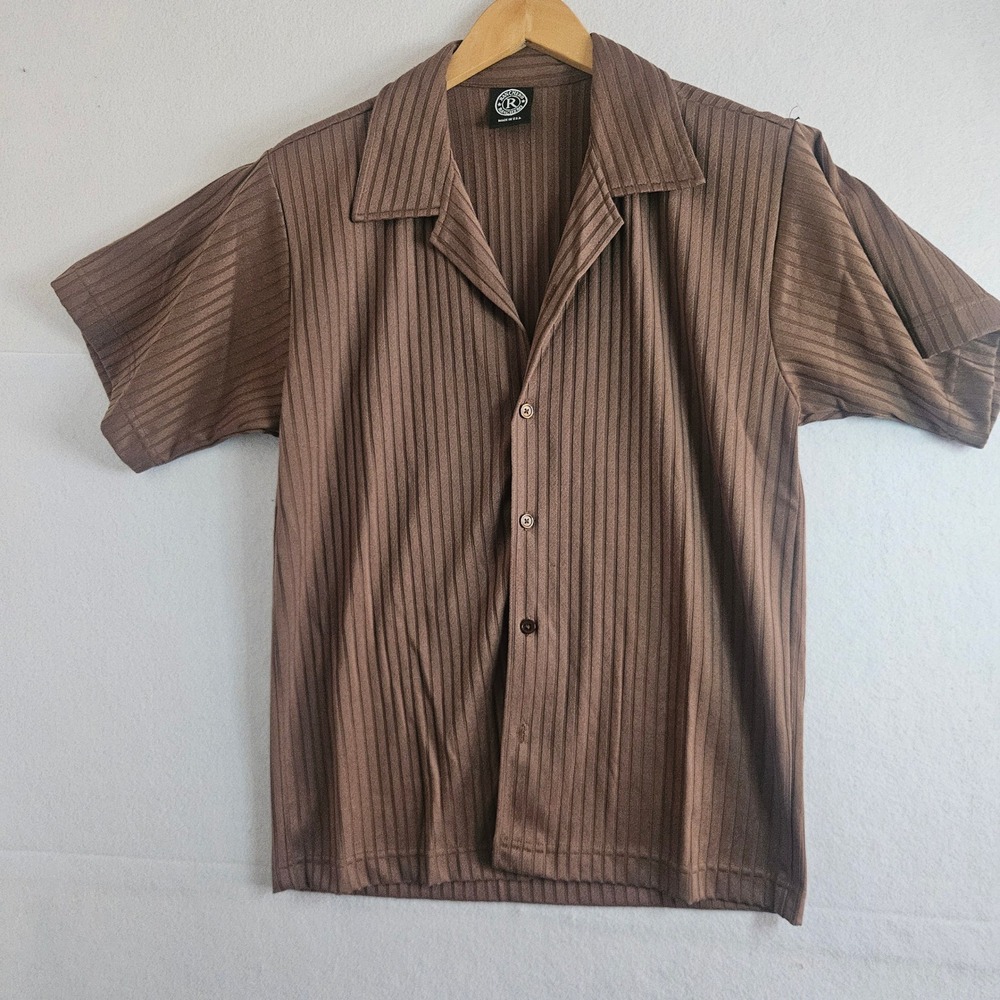 Ranchero Mens Brown Ribbed Short Sleeve Button Down Shirt USA Camp Collar
